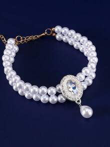 1 pieza Collar de joyería de perlas falsas de doble capa de moda para mascotas, gatos y perros, accesorio de collar para mascotas - Multicolor - Ver 1