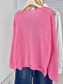 Wixra New Loose V-Neck Knit Sweater, Soft & Breathable Early Spring Top For Women - Hot Pink - View 2
