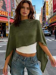 Womens Knitted Poncho Solid Color Asymmetric Shawl Wraps Comfortable Cape For All Seasons - 軍綠色 - View 3