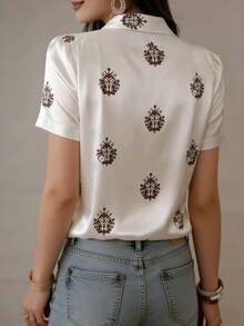 女士缎面无袖立领衬衫，无弹力常规版型，适合春夏秋季穿着 - 白色 - 查看 3