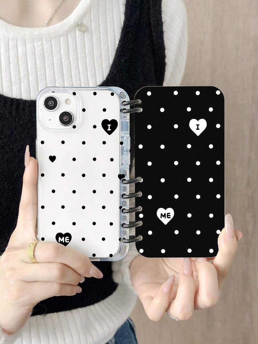 1pc Polka Dot Heart Notebook Phone Case, "I Love Me" Slogan Book Style Transparent TPU Shockproof Protective Cover, Cute Gift, Compatible With IPhone 11/12/13/14/15/16/16 Plus/17/17 Pro/17 Pro Max And Galaxy S24 Ultra/A25/A55 5G/S25 - Multicolor - View 1