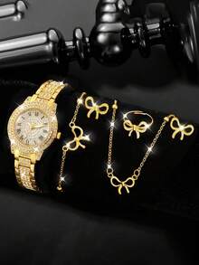 奢华金色石英表、蝴蝶手链、项链、戒指、耳环首饰套装，青少年适用，镶嵌贝壳设计，罗马数字设计，适合日常佩戴、派对、舞会、生日礼物等场合。 - 金色 - 查看 3