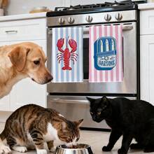 MEMNUN 2条夏季蓝粉条纹龙虾沙丁鱼罐头食品图案印花厨房巾，可作餐巾、手巾、抹布使用，尺寸为15.75*23.62英寸（40*60厘米），超柔软吸水超细纤维材质，现代厨房配件，可机洗，适用于餐厅、厨房、节日装饰和礼品，四季皆宜。 - 彩色 - 查看 8