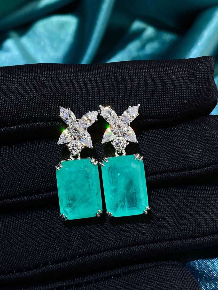 Luxury Super Shiny Butterfly Paraiba Four-Claw Rectangular Green Earrings, Hypoallergenic Earrings For Women, Suitable For Daily Wear And Commute, Jewelry Gift - White - View 1
