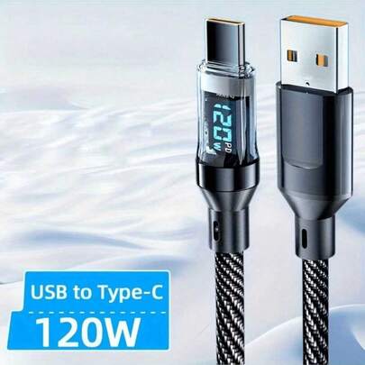 120W Super Fast Charging USB A To Type-C Cable With LED Digital Display, Matte Surface, 6A High Current, Compatible With POCO, Birthday, Valentine's Day, Mother's Day Gift