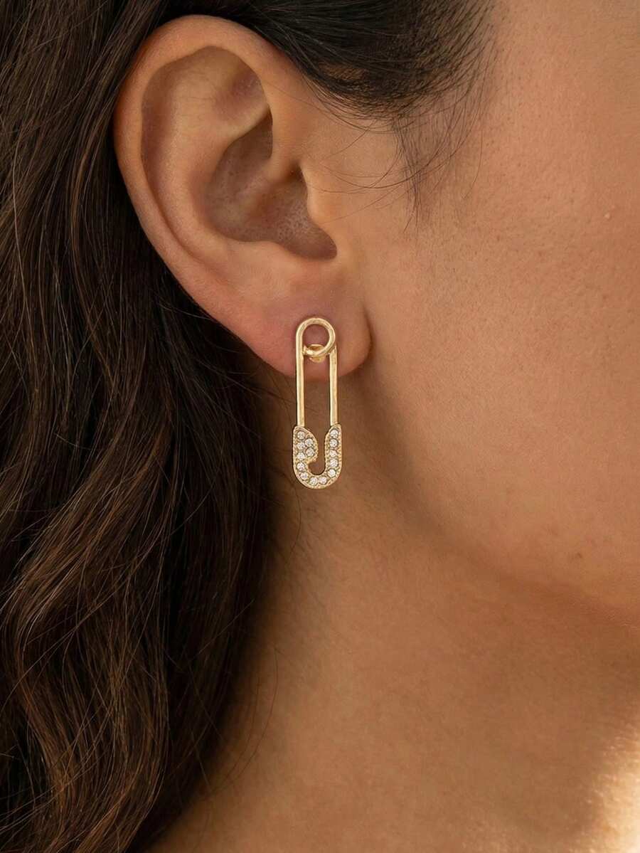 一对几何造型回形针耳环，嘻哈风格，适合街头和日常佩戴 - 金色 - 查看 1