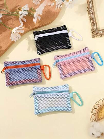 1pc Transparent Mesh Cosmetic Bag, Fashionable Portable Square Black Mesh Bag, Flat Style Toiletry Storage Pouch