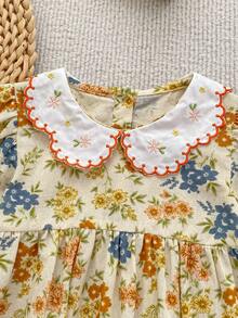 Infant French Vintage Floral Peter Pan Collar Romper, Spring/Autumn Baby Bodysuit, Crawler Suit, Children's Clothing - Mustard Yellow - View 5