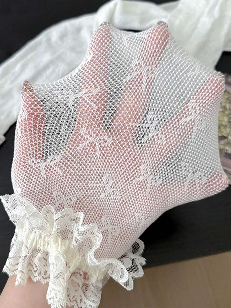 1pc Women's White Lace Trim Leggings, Lolita Style Thin Butterfly Jacquard 3/4 Pants For Spring & Summer - Multicolor - View 1