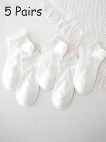 5 Pairs Women's White Socks, Hollow Heart & Diamond Jacquard Patterns, Fashionable Collegiate Style, Suitable For Sneakers And Loafers - Multicolor - View 6