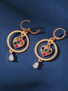 一对奢华铜质镶锆石心形亮片长耳环，适合日常、派对、宴会佩戴，精美礼品。 - 金色 - 查看 3