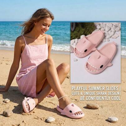 2026 Women's Summer New Pink Shark Slippers, Cute Outdoor Wear, Thick Soft Comfortable Home & Bathroom Slippers, Lightweight & Cozy, Plus Size, Couple Style