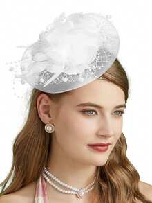 Floral Mesh Ribbon Decorated Headband And Hair Clips, Women's Tea Party And Event Headpiece,Summer,Beach,Wedding - White - View 1