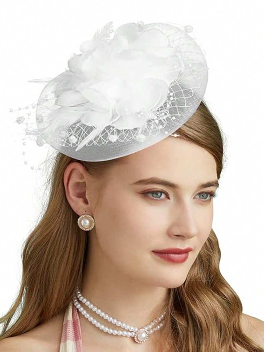 Floral Mesh Ribbon Decorated Headband And Hair Clips, Women's Tea Party And Event Headpiece,Summer,Beach,Wedding - White - View 1