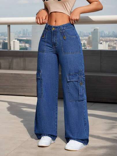 Pantalones Cargo de Mezclilla para Mujer, Jeans de mezclilla rectos holgados, Pantalones vaqueros casuales a juego para mujer - Corte Amplio Estilo 'Baggy' con Múltiples Bolsillos | Comodidad y Estilo en Cada Detalle