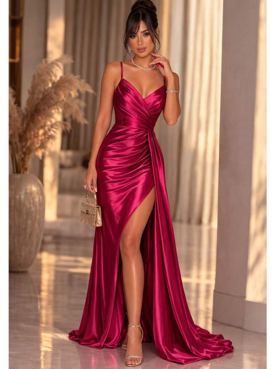 Long Bridesmaid Dress With Sweetheart Neckline, Suitable For Prom Guests, Mermaid Style, And Evening Wear. Available In Olive, Royal, Black, Fuchsia, Serenity, Lilac, Emerald Green, Rose Royal, And Olive Green. - 玫瑰紅 - 查看 1