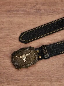 1pc Women's New Black Bull Street PU (Polyurethane) Waist Belt, Handmade Orange Embossed PU Outerwear Dress, Versatile Western Style Suitable For Daily Use - 棕色 - 查看 4