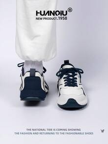 HUANQIU 2026新款男鞋，男士运动鞋，厚底休闲鞋，时尚多功能轻便舒适系带厚底运动鞋，软底休闲鞋，跑步鞋，米色和蓝色四季鞋 - 藍白色 - 查看 8