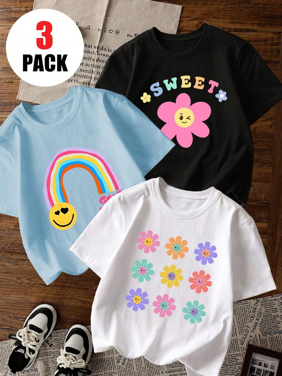 Set de 3 camisetas de manga corta con cuello redondo y estampado casual para niñas, ropa de verano para estudiantes jóvenes - ¡La camiseta estampada con flores de arcoíris y rostros trae alegría y felicidad a cada niño!