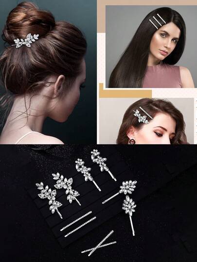 4件套时尚简约菱形水晶锌合金珍珠发夹，优雅公主风头饰，适合婚礼派对、新娘皇冠，也适合成人派对、婚礼、拍照等场合，合金水钻新娘皇冠，配饰