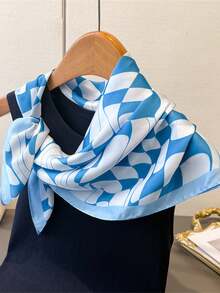 1pc 65*65cm Square Scarf, Women's Satin Silk Imitation Wavy Checkerboard Print, Versatile Neckerchief Headband Shawl - Multicolor - View 14