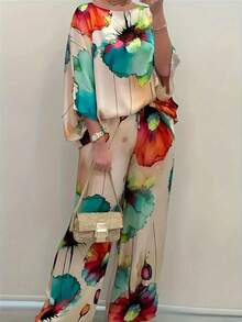 Elegant Floral Design Satin Two-Piece Outfit For Women, Featuring A Round Neck Top And Wide-Leg Trousers - phong cách - Xem 5