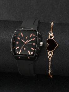 2pcs/Set Women's Silicone Watch With Barrel Shape Dial, Numeric Scale Dial, & Elegant Quartz Wristwatch + Heart-Shaped Bracelet (Watch Box Not Included) - Black - View 3