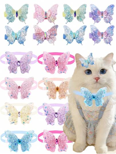 6pcs (3 Hair Clips + 3 Ties) Colorful Butterfly Hair Clips And Ties, Suitable For Small/Medium Cats And Dogs Wedding Attire, Photo Props, Birthday Party Decorations, Assorted Styles