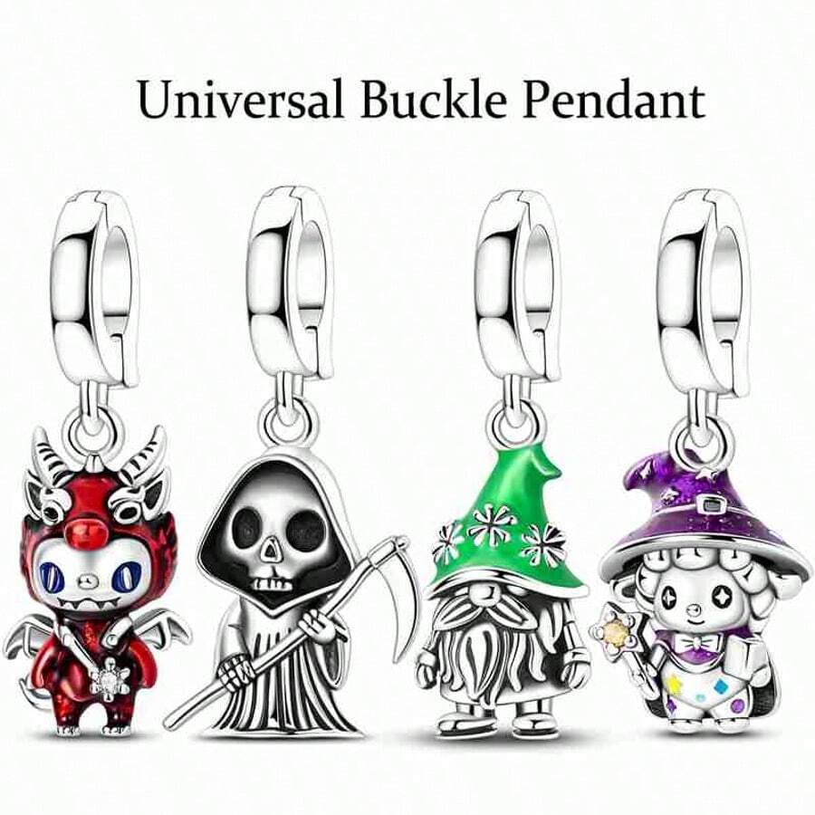 1 pieza Conjunto de cuentas de encanto de color plateado con esmalte de fantasía gótica, con diablo brillante, segador siniestro, gnomo y mago, hebillas universales compatibles con pulseras europeas, ideal para Halloween, cumpleaños y uso diario gótico - Plateado - Ver 1