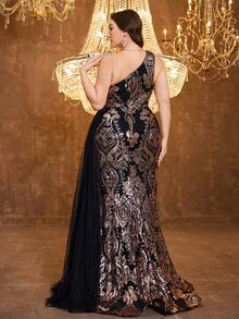 SUPGIR [Random Print] Plus Women's One-Shoulder Sequin Patchwork Mesh Fabric Slim-Fitting Floating Piece Temperament Evening Dress - Black - View 2
