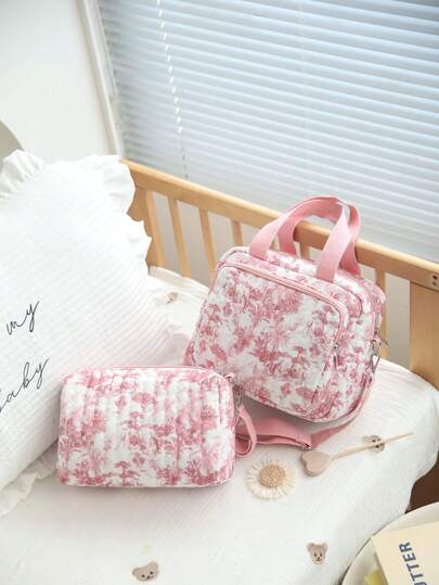 Blommig blöjväska Axelväska För Flickor, Quiltad Babyväska Tygväska För Mamma Och Pappa, Multifunktionell Skötväska Blöjväska För Nyfödda, Baby Essentials