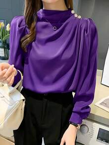 Women's Casual Lightweight Commuter Shirt With Mandarin Collar, Pleated Design, Princess Sleeve, Long Sleeve, Suitable For Spring And Autumn - Purple - View 5
