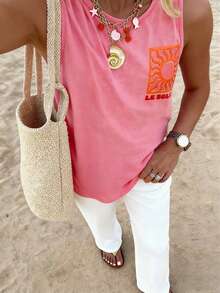 女士宽松休闲Y2K波西米亚风衬衫，简约办公/上学通勤装，英文字母和太阳印花针织开衫，适合所有季节的早午餐穿搭，粉色 - 粉色 - 查看 7