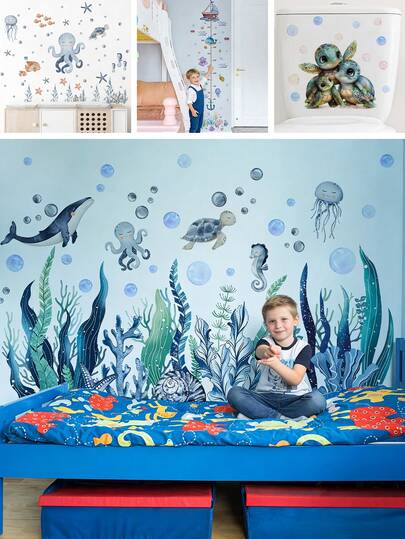 BRUP 1/2 Sheets/Set Immersive Underwater Wall Stickers,Smiling Whale, Octopus, Turtle, Seahorse Seaweed And Coral, Removable Marine Animals Wall Decal,For Kids Bedroom Playroom Bathroom Decor, Ocean Adventure Theme Art
