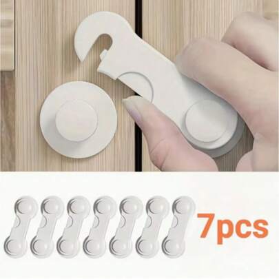 Set Of 7 Sturdy White Plastic Safety Locks - Ideal For Refrigerators And Cabinets - Easy Installation Without Tools, Fridge Locks, Pantry Security Latches, Adhesive Multipurpose Door Locks, Long-Lasting