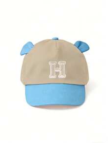 1pc Toddler Khaki & Blue Contrast Cute Bear Ear Letter Embroidery Baseball Cap, Soft Breathable Sun Protection Hat Suitable For Outdoor Play, Daycare, Travel And Casual Wear, Fits Ages 1-3 - Blue and Skin Color Combination - View 8