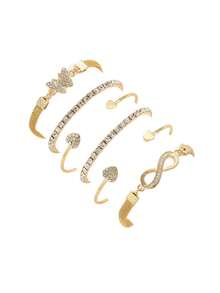 6pcs Luxury Minimalist Personalized Metal Rhinestone Butterfly, Heart, Infinity Symbol Multi-Layer Stackable Bangle Bracelet Set For Women - Yellow Gold - View 6