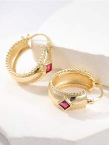 Pendientes de aro de zirconia sintética de color cobre-rojo vintage, diseño de aro único, elegante joyería de tono dorado - Multicolor - Ver 2