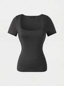 Top de manga corta con cuello cuadrado, elegante y versátil, adecuado para uso diario, ir al trabajo, salir, primavera & verano - Gris - Ver 6