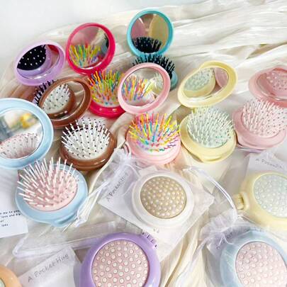 1/4/12 Sets Peine con cojín de aire plegable y espejo, pequeños sets de regalo con tarjeta de abrazo y bolsas de malla con cordón, estilo Y2K forma redonda de limón color macaron, espejo de maquillaje de viaje, combo de sets de regalo