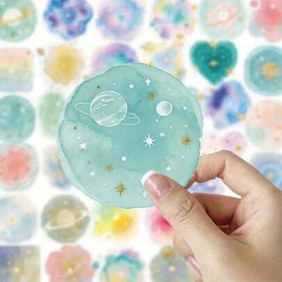 56张水彩奇幻星系行星PET透明贴纸，适用于学生日记本装饰、趣味贴纸、Kindle剪贴簿用品、笔记本电脑贴纸