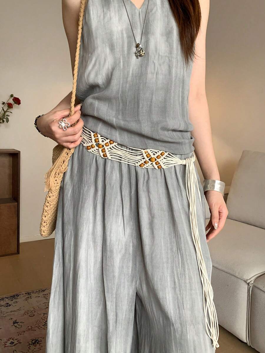 1 chiếc dây thắt eo bằng polyester màu be kiểu Bohemian đính hạt. - Màu be - Xem 1