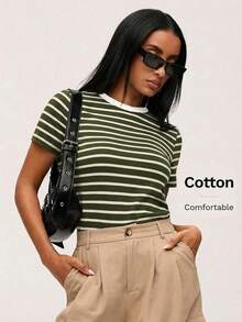 SHEINBASICSS Striped Print T-Shirt/Summer - 軍綠色 - 查看 6
