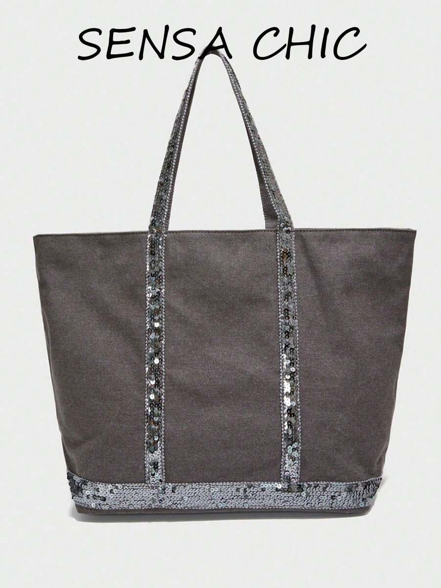 新款亮片时尚大容量手提包，复古个性单肩斜挎包，适合日常通勤、学生、工作、购物、户外活动，精致INS风 - 深灰色 - 查看 1