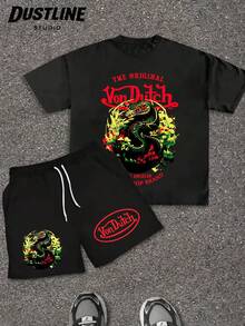 Mens Creative VON-DUTCHS T Shirt And Shorts Set American Vintage Full Print Street Wear Essential Graphic T Shirt And Shorts Set With Dragon And  Logo Print For Casual Outfits - 黑色 - 查看 1