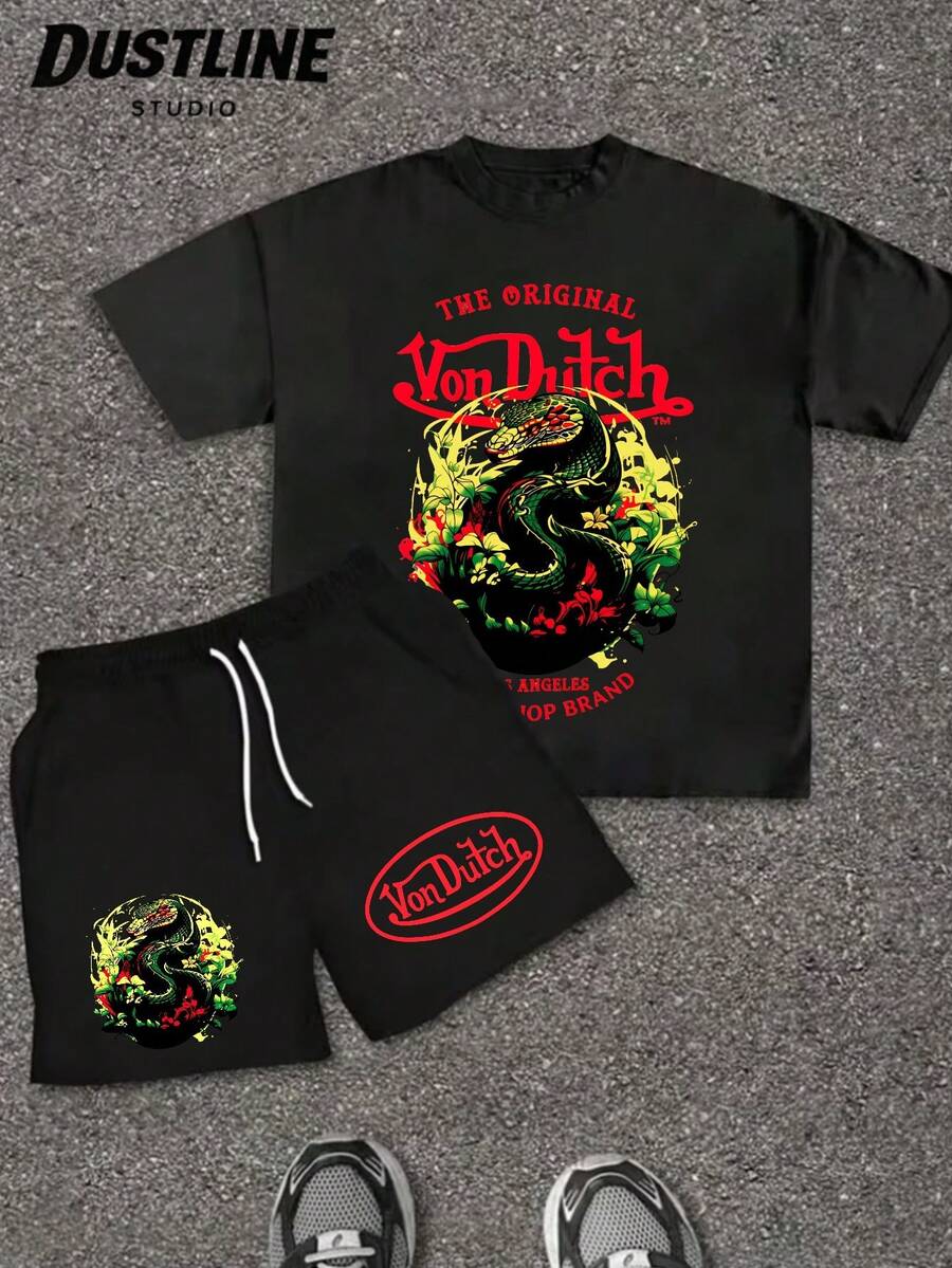 Mens Creative VON-DUTCHS T Shirt And Shorts Set American Vintage Full Print Street Wear Essential Graphic T Shirt And Shorts Set With Dragon And Logo Print For Casual Outfits - 黑色 - 查看 1