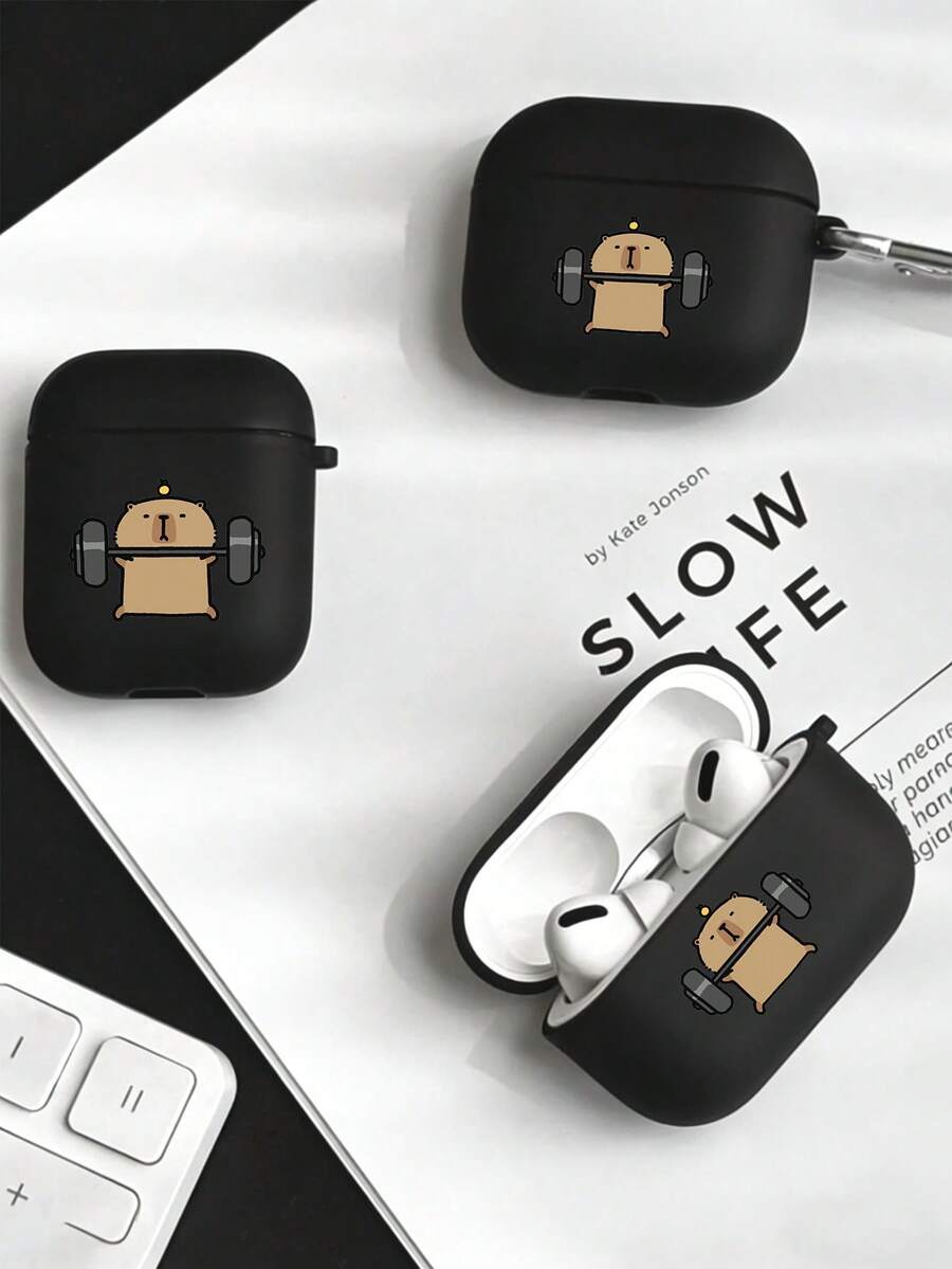 1pc Minimalist Capybara Lifting Design Earphone Case, Compatible With Apple Pro 2, Pro 3, 1/2, Matte Finish - Black - View 1