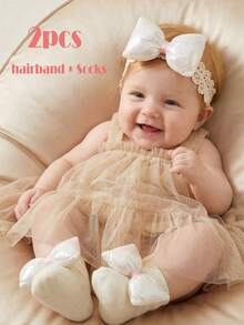 2pcs/Set Big Bow Baby Socks & Headband Set, Cute Children Socks Headband Suit, Birthday Gift, Baby Shower Gift, First Birthday, Christmas Gift, Newborn Photography Props (0-3M, 3-12M) - Multicolor - View 1