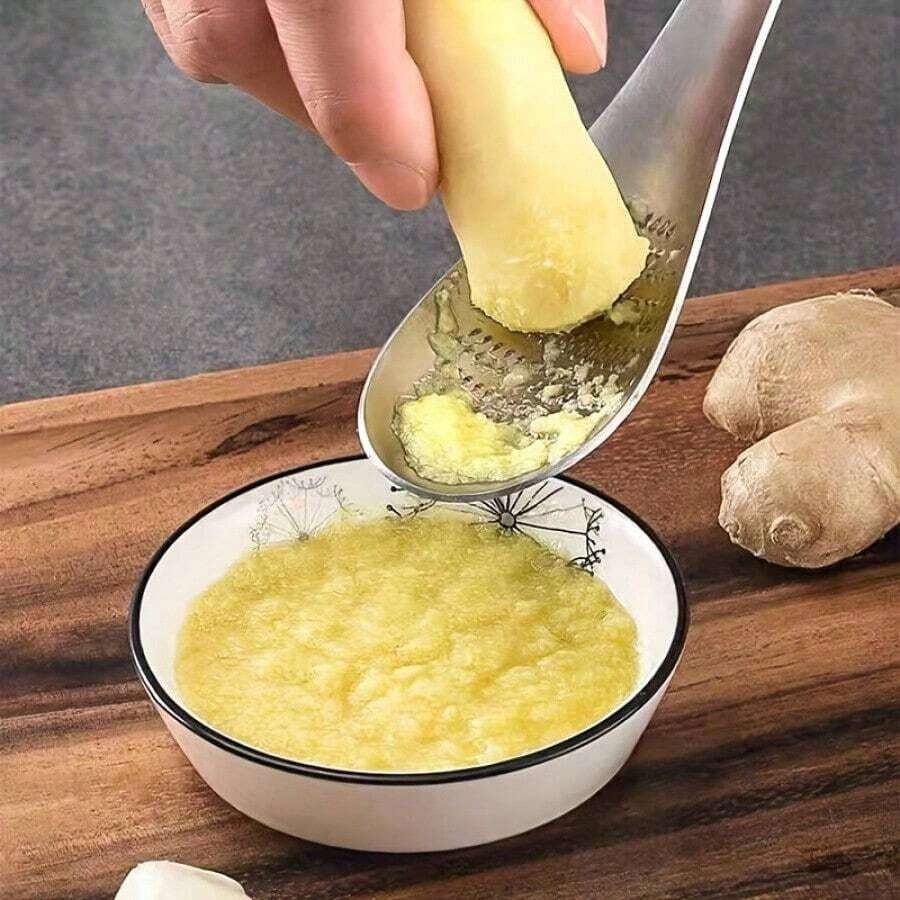 1 Piece Stainless Steel Ginger Garlic Mashing Spoon - Manual Kitchen Tool For Puree, Easy To Clean, Durable Design, Efficiently Grinds Ginger Garlic, Ginger Garlic Masher |       Stainless Steel Spoon |       Durable Kitchen Supplies
