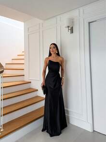 Long Strapless Formal Dress With An Elegant Knot, Perfect For Bridesmaids, Graduation, Or Weddings. - màu đen - Xem 5